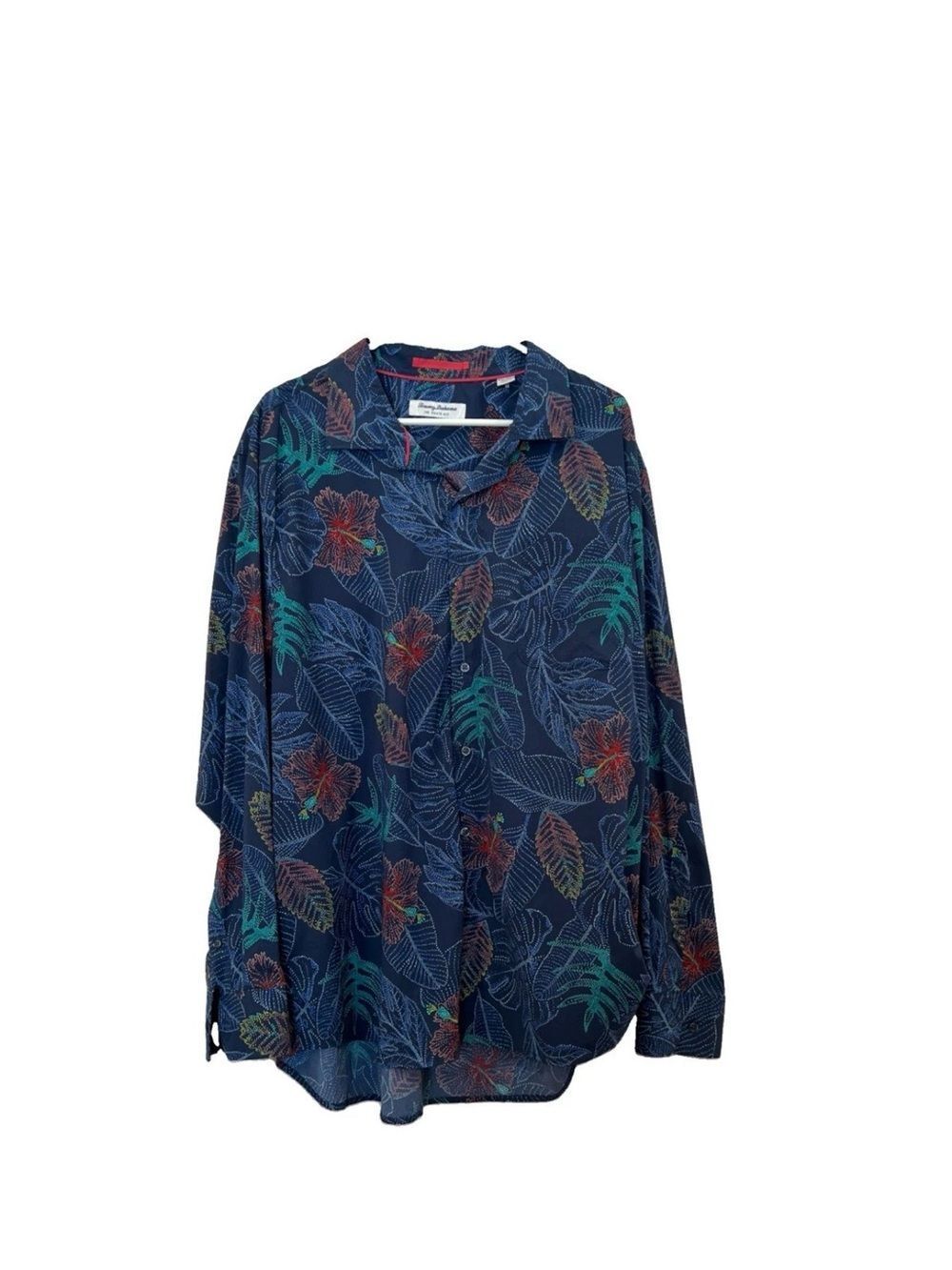 Tommy Bahama Navy Button-Up with Multicolor Dot Leaf Print